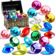 Sloosh Diving Gems Pool Toys, 16 Big Colorful Diamond with Pirate Treasure Chest, Swim Dive Toy for Kids Underwater Gemstone Swimming Training Gift Water Toys Pool Games（Gold）