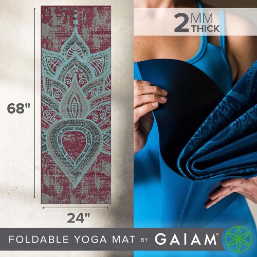  Gaiam Yoga Mat - Folding Travel Fitness & Exercise Mat - Foldable Yoga Mat for All Types of Yoga, Pilates & Floor Workouts (68L x 24W x 2mm Thick)