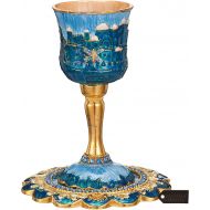 [아마존베스트]Matashi Hand-Painted Enamel Tall 5 Kiddush Cup Set with Stem and Tray Embellished with Crystals, Jerusalem Cityscape for Weddings Shabbat Havdalah Passover Goblet Judaica Gift for