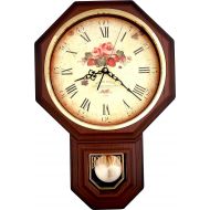 JUSTIME Vintage Rose Classic Traditional Schoolhouse Pendulum Wall Clock Chimes Every Hour With Westminster Melody Made in Taiwan, 4AA Batteries Included (PP0258-F Dark Wooden Grain)