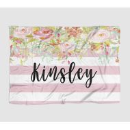 The Navy Knot Personalized Baby Blanket - Pink Floral Stripe - Frame - 50 X 60 - Plush Fleece Swaddle - Baby Girl Bedding - Cute Floral - Birth Announcement - Baby Shower Gift