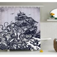 Ambesonne Nautical Shower Curtain, Kraken Octopus Tentacles with Ship Sail Old Boat in Ocean Waves, Cloth Fabric Bathroom Decor Set with Hooks, 70 Long, Blue