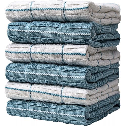  [아마존베스트]Bumble Towels Premium Kitchen Towels (16”x 26”, 6 Pack)  Large Cotton Kitchen Hand Towels  Window Pane Design  435 GSM Highly Absorbent Tea Towels Set with Hanging Loop  Aqua