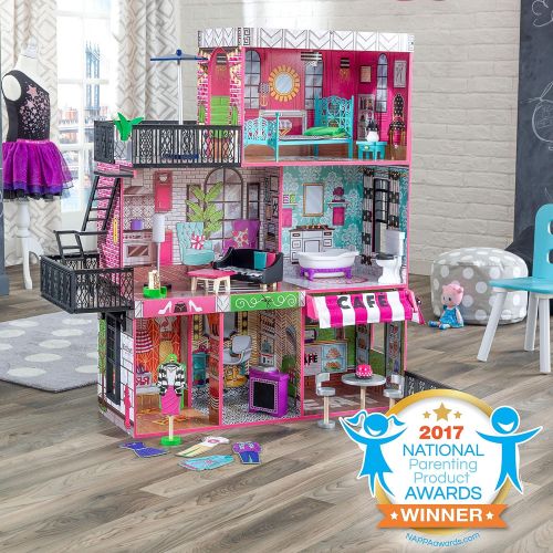 키드크래프트 KidKraft Brooklyns Loft Wooden Dollhouse with 25-Piece Accessory Set, Lights and Sounds, Gift for Ages 3+ 41.75 x 18.25 x 41.75