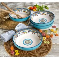 [아마존베스트]Euro Ceramica Zanzibar Collection Pasta Bowls, Set of 4, Spanish Floral Design, Multicolor Blue