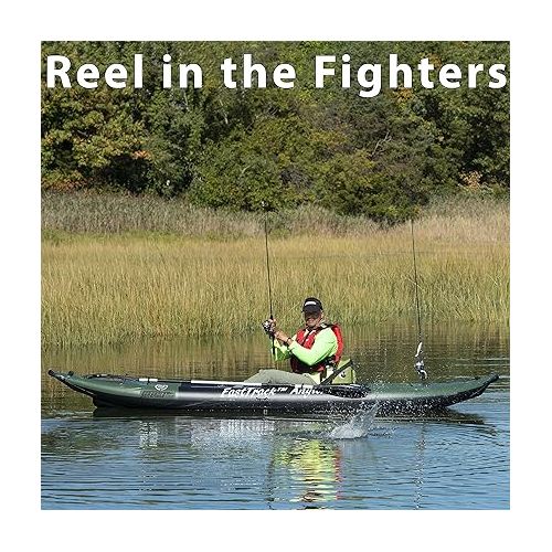 씨이글 385FTA Fasttrack Angler 1-2-Person Inflatable Hunter Green Fishing Kayak-External Rigid Inflatable Keel, Rugged Hull Material, Non-Slip Padded Floor, Stitch Floor w/Seat(s), Paddle(s), Pump & Bag