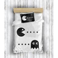 DecoMood 3D Printed 100% Cotton Pacman Bedding Set Boys Girls Bed Set, Single/Twin Size Quilt/Duvet Cover Set, Black White, with Fitted Sheet (4 Pcs)