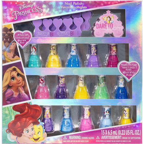  Disney Princess Townley Girl Non Toxic Peel Off Water Based Natural Safe Quick Dry Nail Polish Gift Kit Set for Kids Toddlers Girls Glittery and Opaque Colors Ages 3+ (18 Pcs)