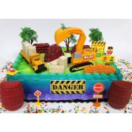 Cake Toppers Construction Themed Cake Topper Featuring Earth Moving Equipment Vehicles and Decorative Themed Accessories