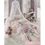 Bekata Paris Love, %100 Turkish Cotton Paris Bedding Set, Pique/Bedspread and Quilt/Duvet Cover Set, Paris Eiffel Tower Themed Girls Paris Bedding Set, Twin Size, 4 PCS, Pink