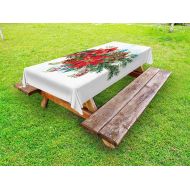 Lunarable Cardinal Outdoor Tablecloth, Christmas Themed Bird on Festive Floral Bouquet Poinsettia Pinecones and Berries, Decorative Washable Picnic Table Cloth, 58 X 120 Inches, Mu