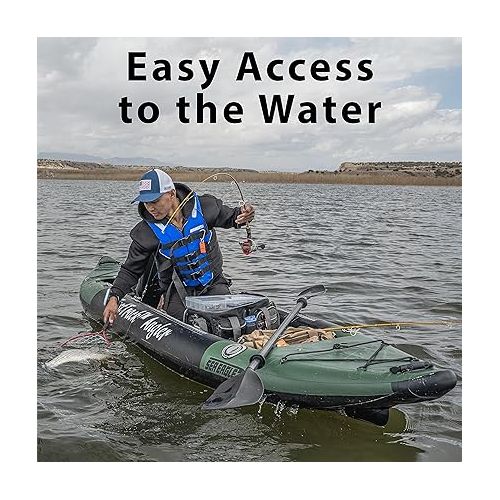 씨이글 385FTA Fasttrack Angler 1-2-Person Inflatable Hunter Green Fishing Kayak-External Rigid Inflatable Keel, Rugged Hull Material, Non-Slip Padded Floor, Stitch Floor w/Seat(s), Paddle(s), Pump & Bag