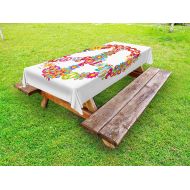 Ambesonne 70s Party Outdoor Tablecloth, Peace Sign with Colorful Flowers and Rainbows Love and Joy Festive Composition, Decorative Washable Picnic Table Cloth, 58 X 104 Inches, Mul
