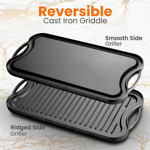  [아마존베스트]NutriChef PFOA & PFOS Free Oven Safe Flat Skillet Griddle Pan Cast Iron Reversible Grill Plate, w/Scraper for Electric Stovetop, Ceramic, Induction NCCIRG64