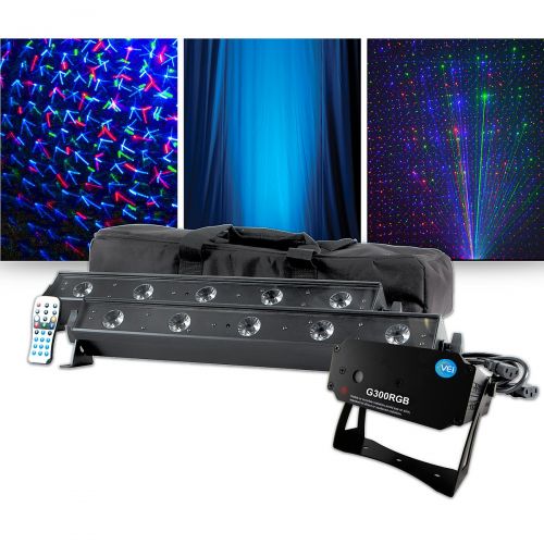  VEI},description:This VEI lighting package is a great start for your lighting rig, or as an add-on to an existing one. You get the VEI G300RGB Mini Laser and the American DJ VBAR P