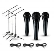 Shure},description:The Shure PGA58 microphone and stand 3-Pack includes one Shure PGA58 Dynamic Vocal Microphone 3-pack, three 20 Lo-Z Microphone cables, and three Tripod Boom Micr