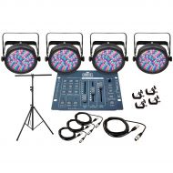 CHAUVET DJ},description:Four SlimPAR 56 LED Par Can lights, a tripod lighting stand with crossbar, four clamps for hanging the PARs, a Chauvet Obey 3 controller and all necessary D