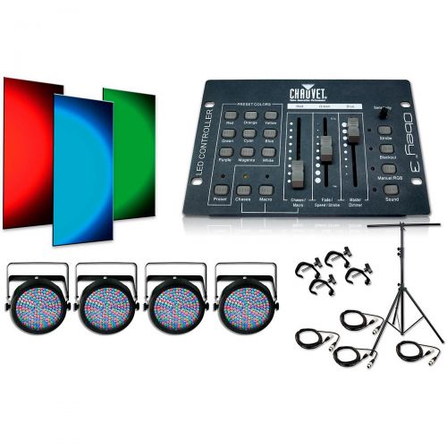  CHAUVET DJ},description:Four SlimPAR 64 LED PAR cans along with a stand, all necessary DMX cables and a 3-channel Obey Lighting Controller. Stand included.