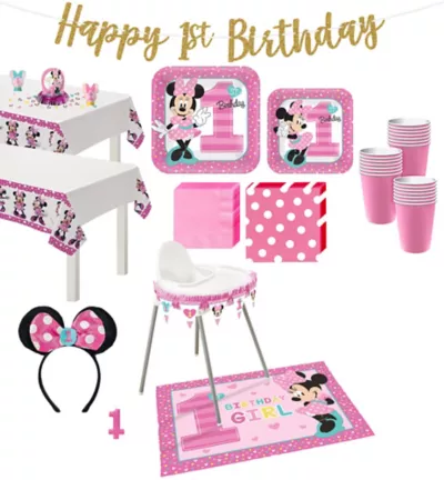 PartyCity 1st Birthday Minnie Mouse Deluxe Party Kit for 32 Guests