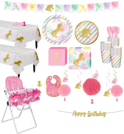 PartyCity Sparkling Unicorn 1st Birthday Deluxe Party Kit for 32 Guests