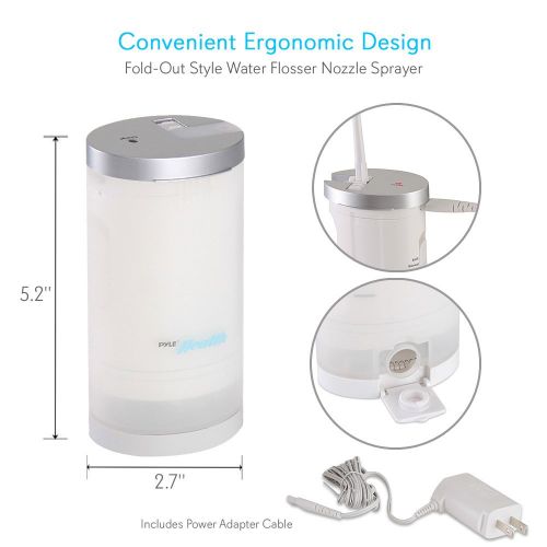  Pyle Electric Water Flosser Jet - Cordless & Portable Dental Irrigator with Rechargeable Battery, Foldable Tips & 180ml Tank Refill - Compact Oral Care Kit for Adults and Kids - PH