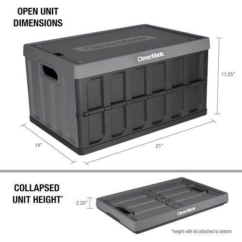  CleverMade 46L Collapsible Storage Bins with Lids - Folding Plastic Stackable Utility Crates, Solid Wall CleverCrates, 3 Pack, Charcoal
